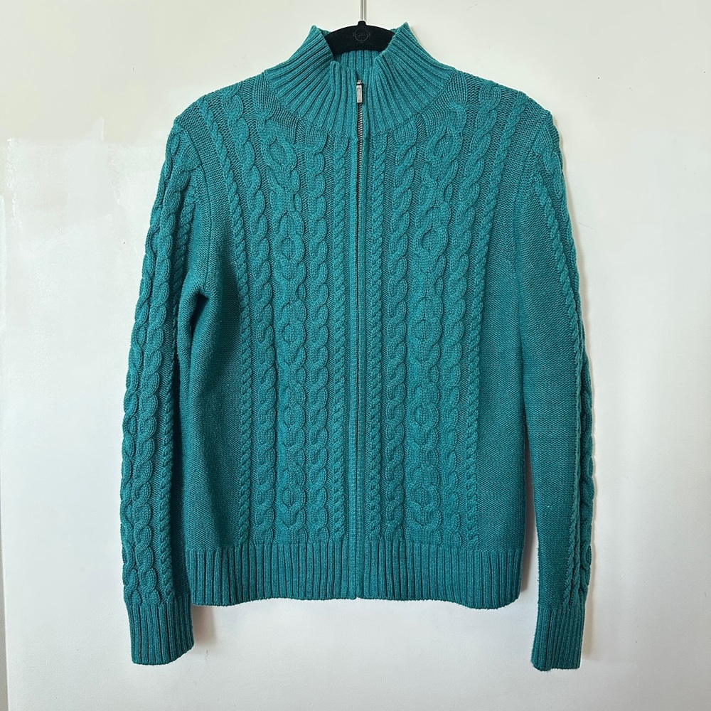 LL Bean Teal Cotton Full Zip Cable Knit Women's Sweater